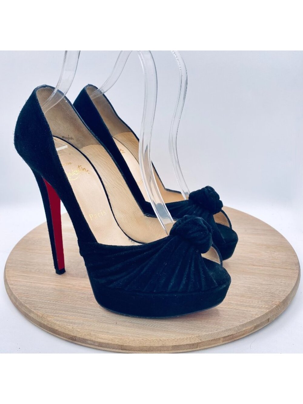 Christian Louboutian Heels Womens 8 38.5 Black Suede Platform Stiletto Peep